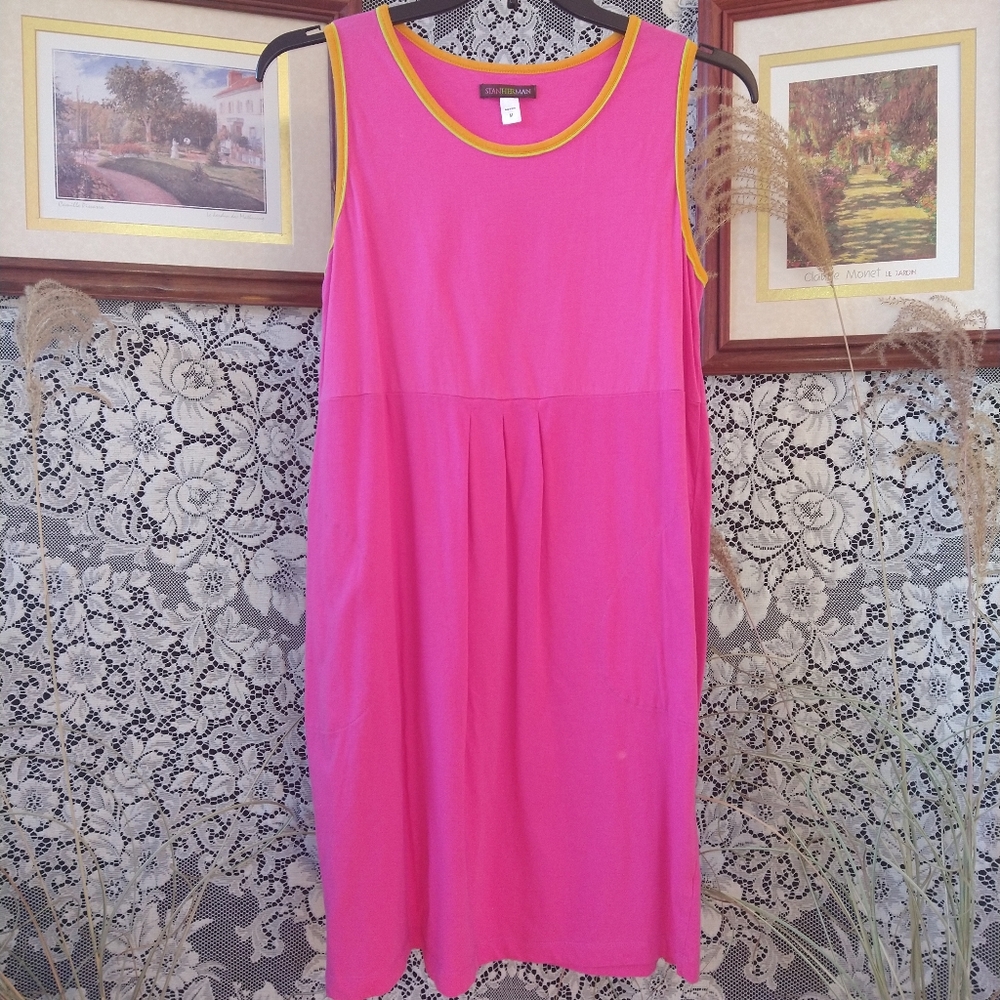 Stan Herman ultra hot pink with orange and yellow trim dress cotton sleeveless